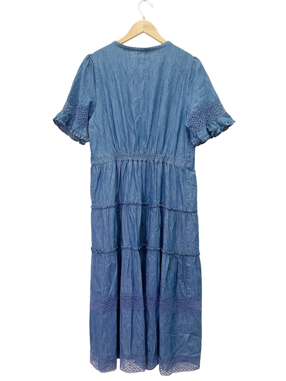 NWT Gap x LoveShackFancy Denim Tiered Midi Dress L Dark Wash Lace Button Front - Picture 3 of 16